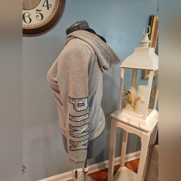 PINK Victoria's Secret Sequin Bling Sleeve Gray Hoodie Size Small *NO STRING* - Picture 3 of 13
